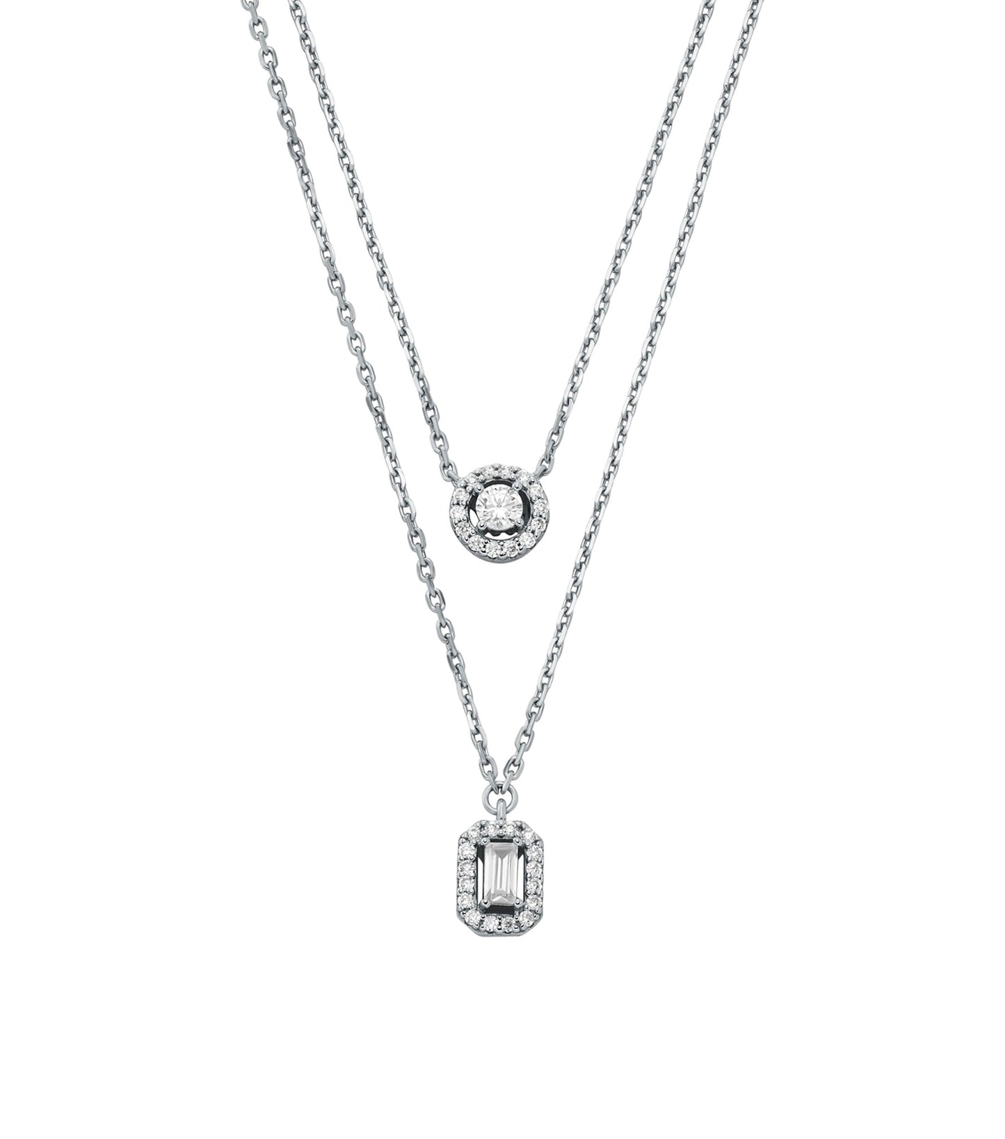 Michael Kors silver necklace front angle view showcasing elegant design with sparkling stones and adjustable clasp.