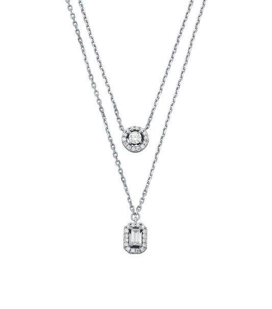 Michael Kors silver necklace front angle view showcasing elegant design with sparkling stones and adjustable clasp.