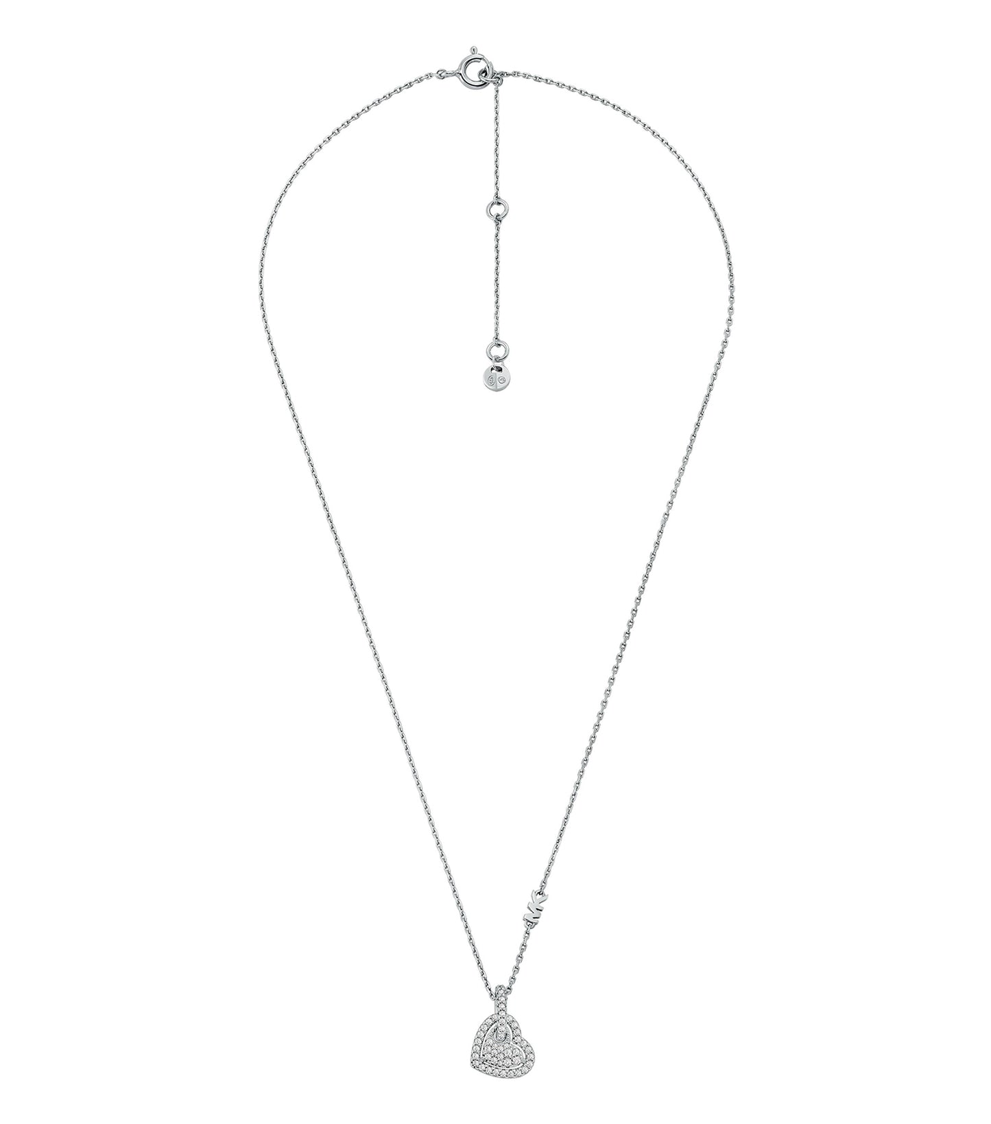 Michael Kors silver necklace with circular pendant, front angle view, showcasing intricate detailing and modern elegance.