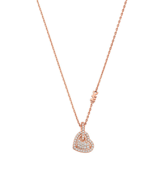 Michael Kors rose gold necklace, front angle, featuring an elegant chain and sparkling pendant design, exudes timeless charm.