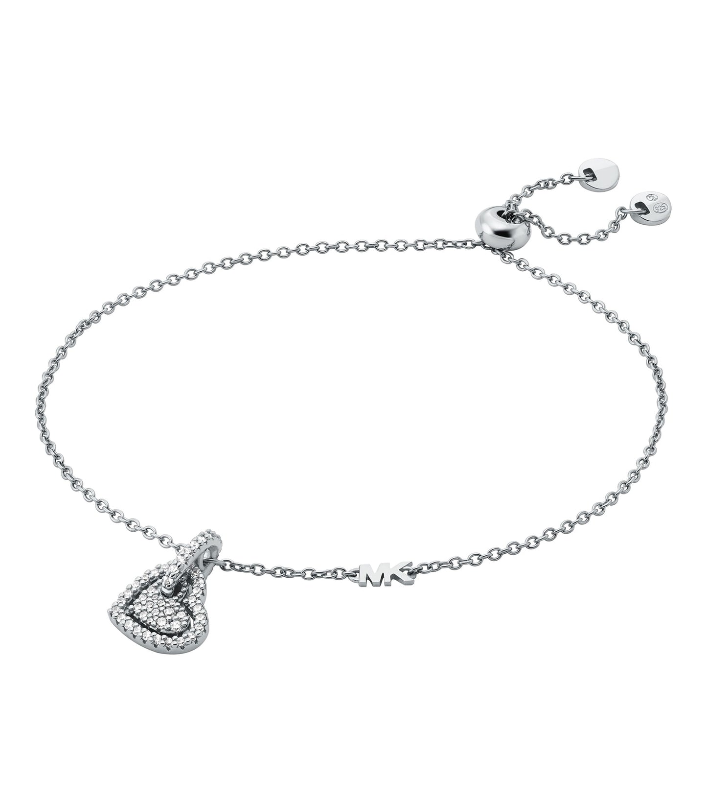 Silver Michael Kors bracelet in close-up view, showcasing its elegant design with crystal accents, reflecting sophistication.