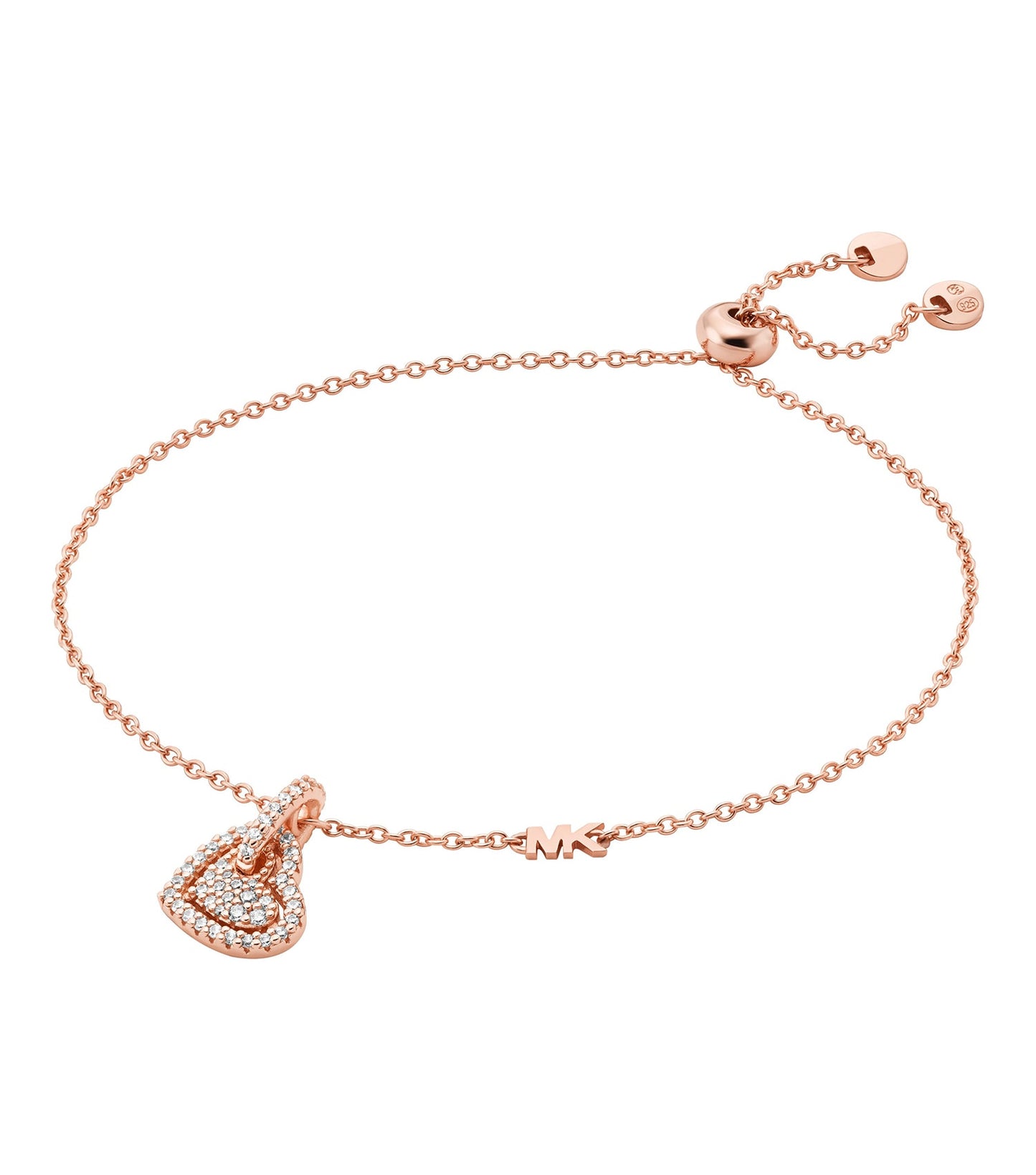Michael Kors elegant rose gold bracelet in a tilted angle, dazzling crystals adorning the sleek design, luxury fashion accessory.