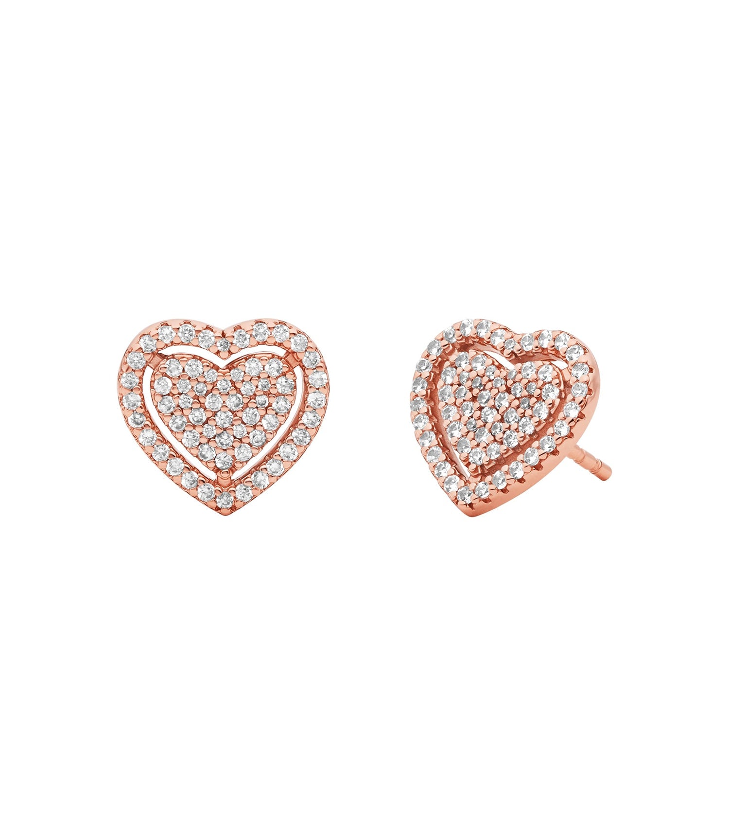 Gold Michael Kors earring with clear pendant, highlighting luxurious design, displayed at an elegant front angle.