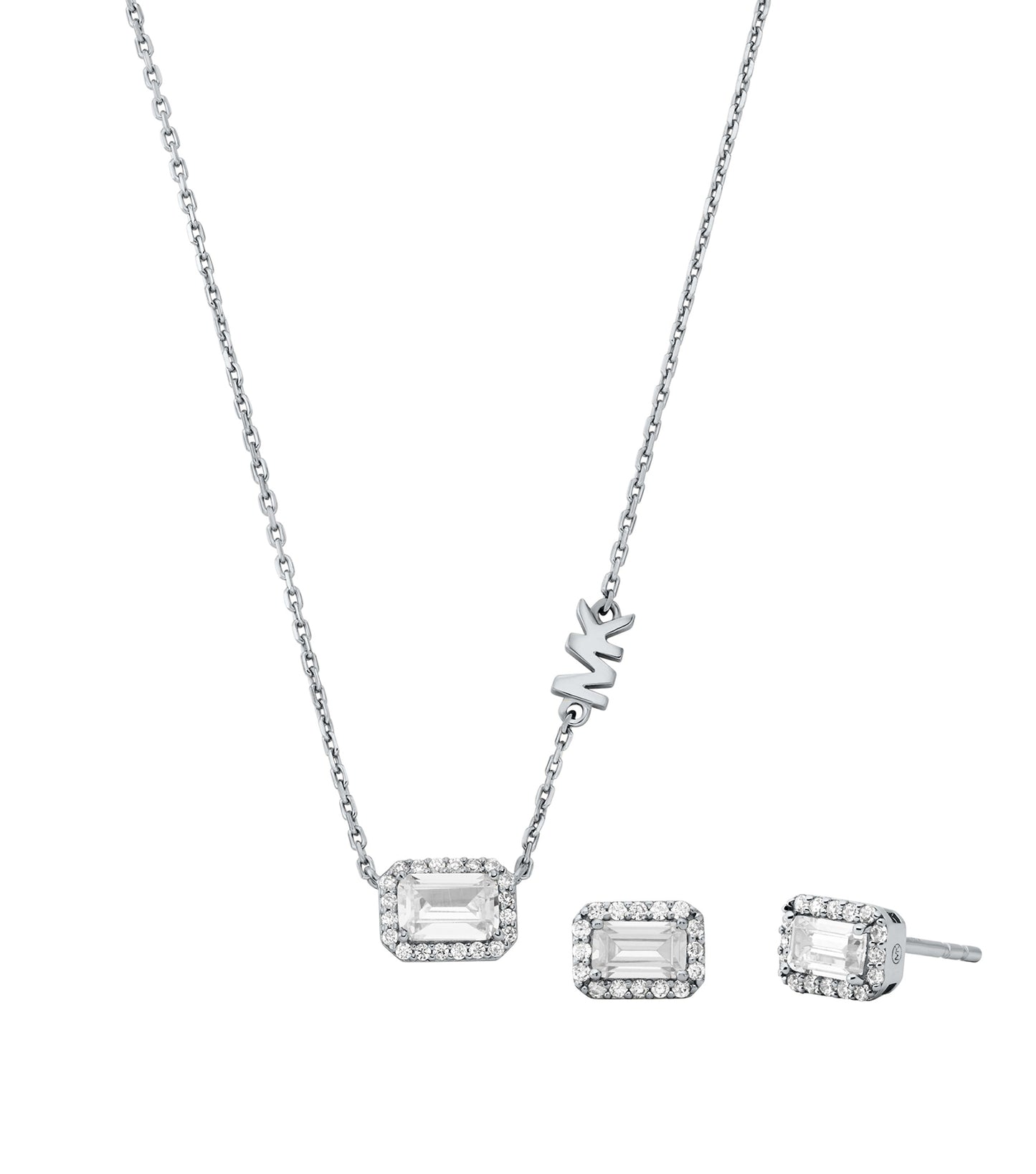 Michael Kors silver necklace with sparkling cubic zirconia details, beautifully displayed front view, showcasing elegance and luxury.