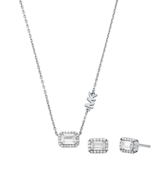Michael Kors silver necklace with sparkling cubic zirconia details, beautifully displayed front view, showcasing elegance and luxury.