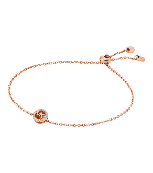 Michael Kors rose gold bracelet with sparkling CZ accents, elegantly captured from a top view angle, showcasing its luxurious design.