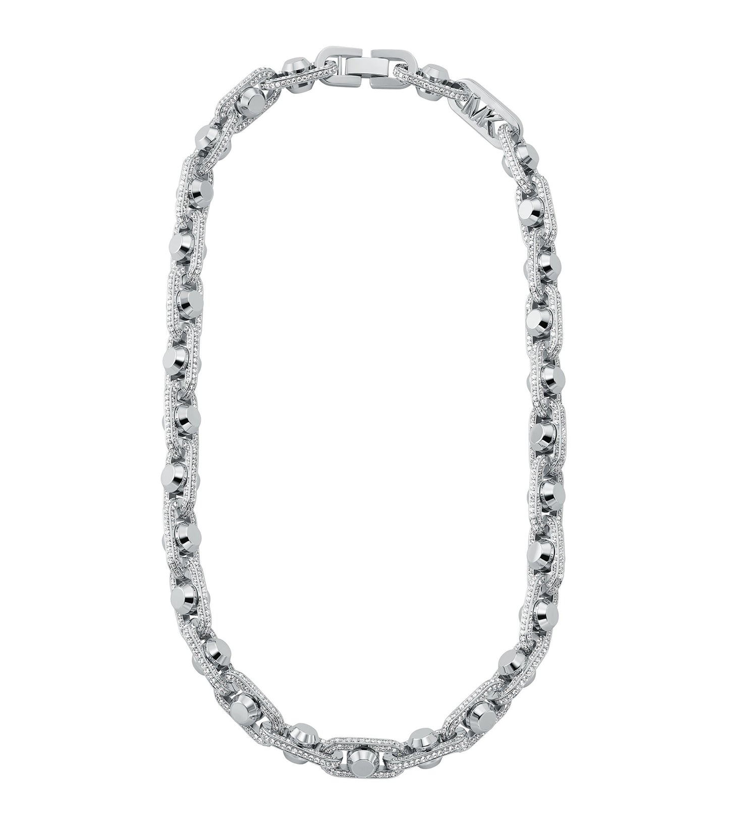 Michael Kors silver necklace with a chic, minimalist design showcased at an elegant frontal angle, highlighting its timeless allure.