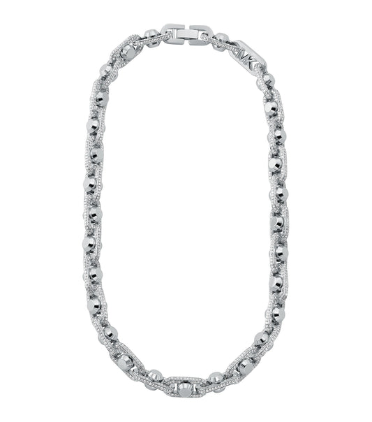 Michael Kors silver necklace with a chic, minimalist design showcased at an elegant frontal angle, highlighting its timeless allure.