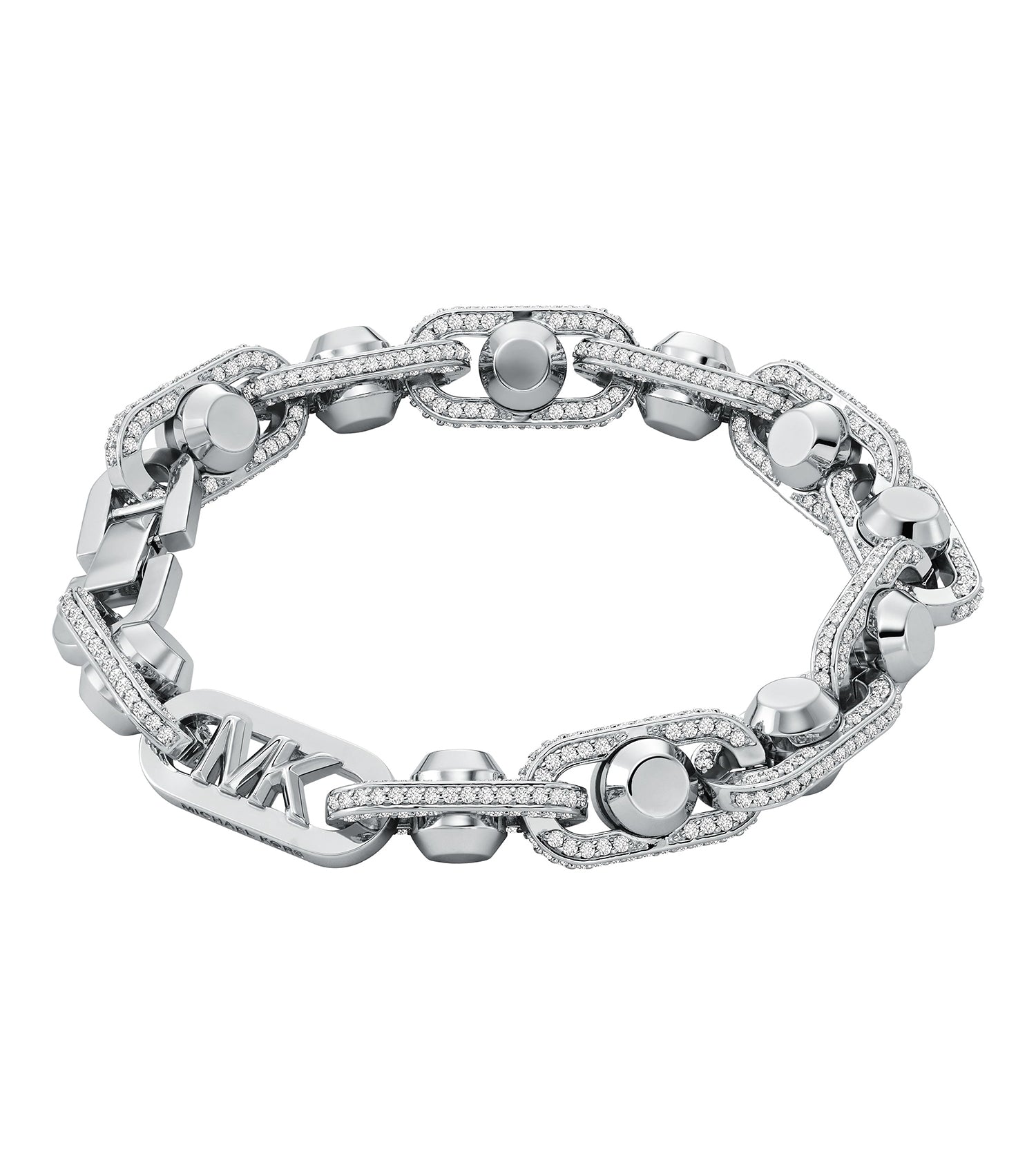 Michael Kors silver bracelet elegantly displayed at a slight angle, showcasing its intricate design and polished finish.