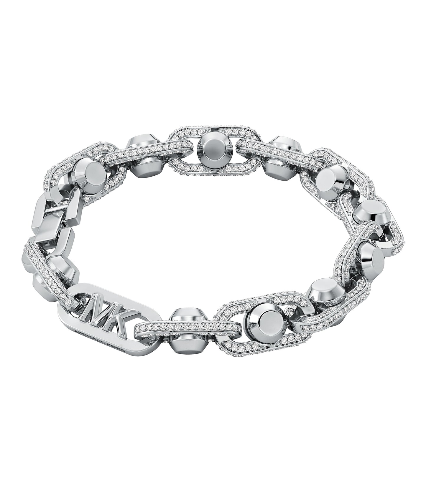 Michael Kors silver bracelet elegantly displayed at a slight angle, showcasing its intricate design and polished finish.