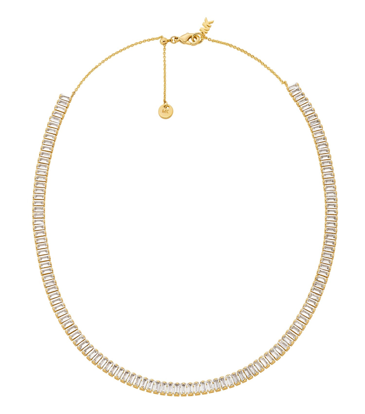 Michael Kors gold necklace, front view; showcases intricate chain design & elegance, embodying luxury fashion jewelry.