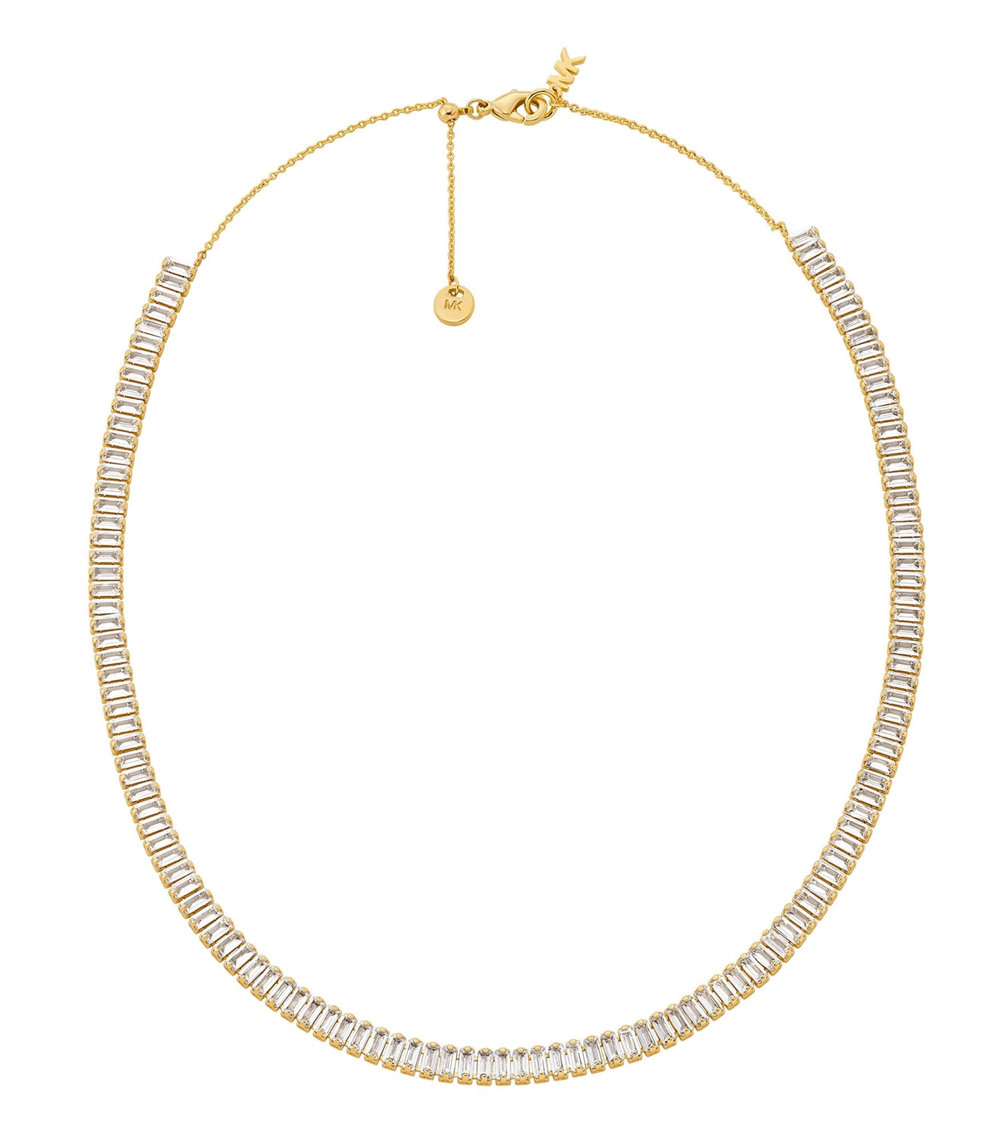 Michael Kors gold necklace, front view; showcases intricate chain design & elegance, embodying luxury fashion jewelry.