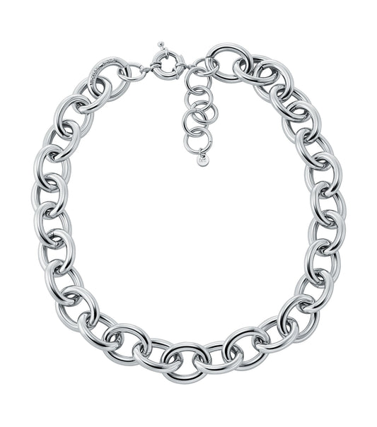 Michael Kors silver necklace with pendant on a clean white background, showcasing the elegant chain from a front-facing angle.