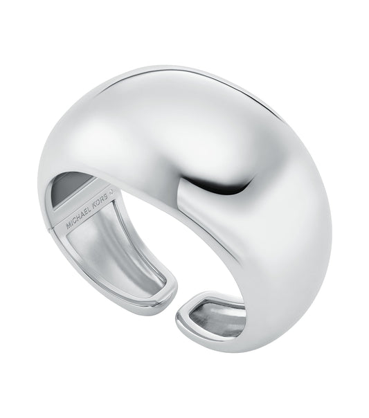 Michael Kors elegant silver bracelet at a sleek angle, showcasing a minimalist design with a subtle shine, perfect for modern style.