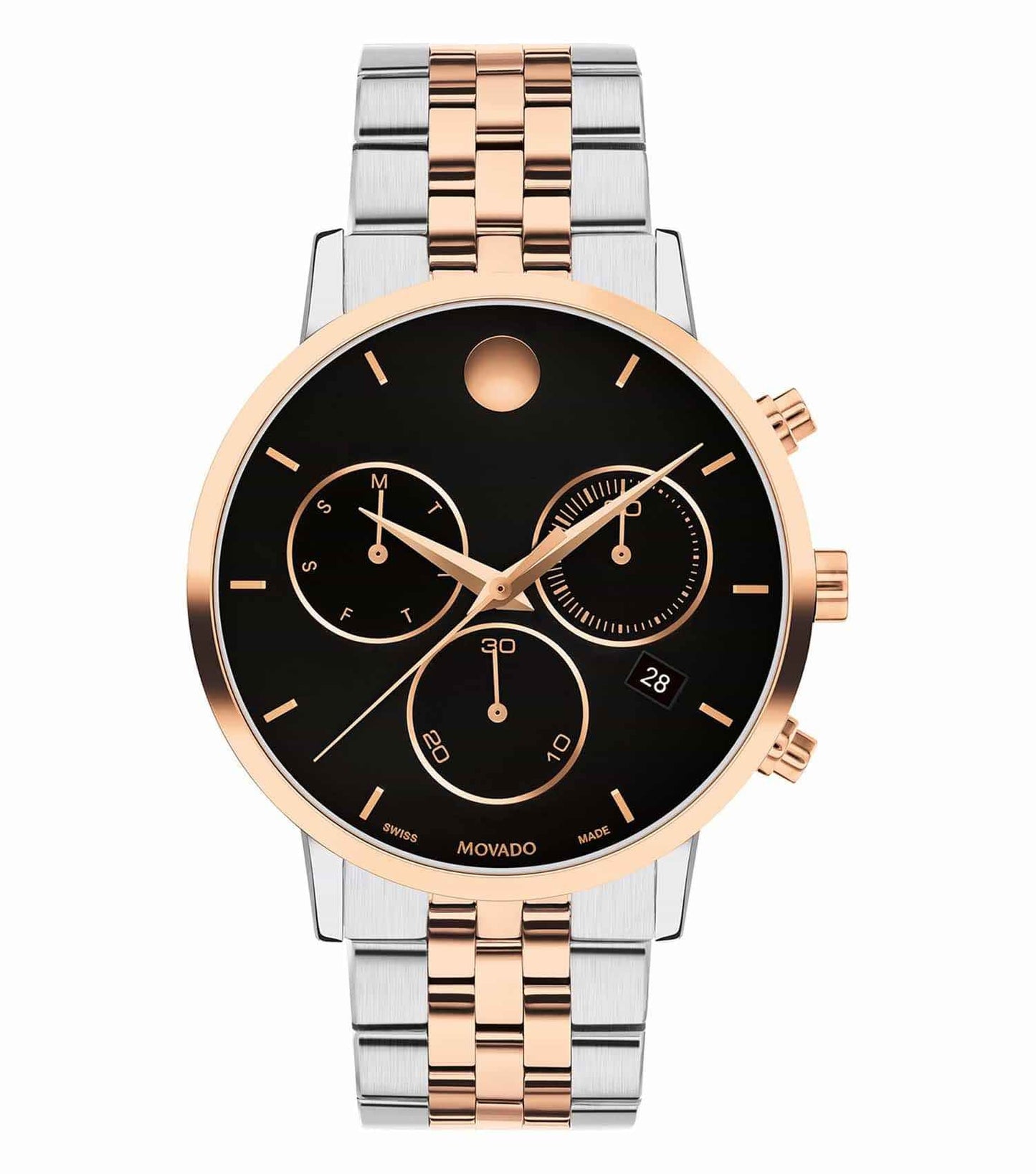 Movado watch in classic silver, showcasing sleek design, angled from the front, featuring an elegant black dial and minimalist markers.