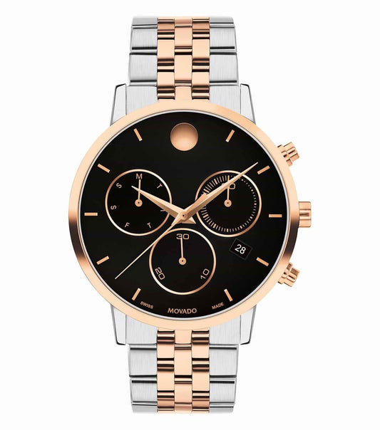 Movado watch in classic silver, showcasing sleek design, angled from the front, featuring an elegant black dial and minimalist markers.