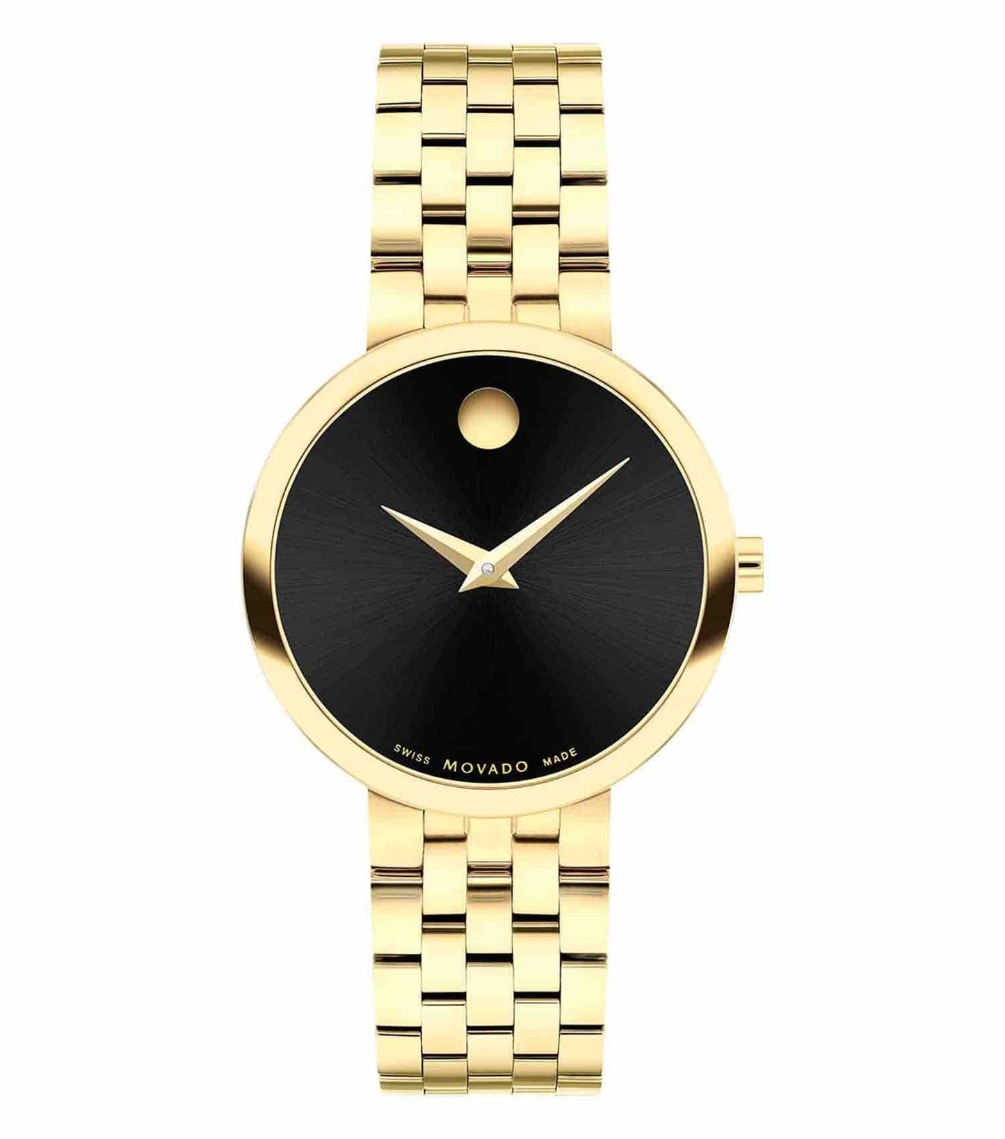 Movado classic watch featuring a black dial, silver-tone accents, and stainless steel band photographed at a frontal angle.