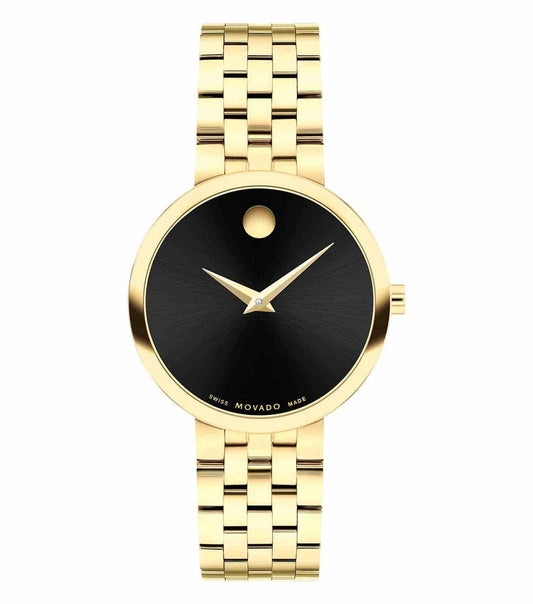 Movado classic watch featuring a black dial, silver-tone accents, and stainless steel band photographed at a frontal angle.