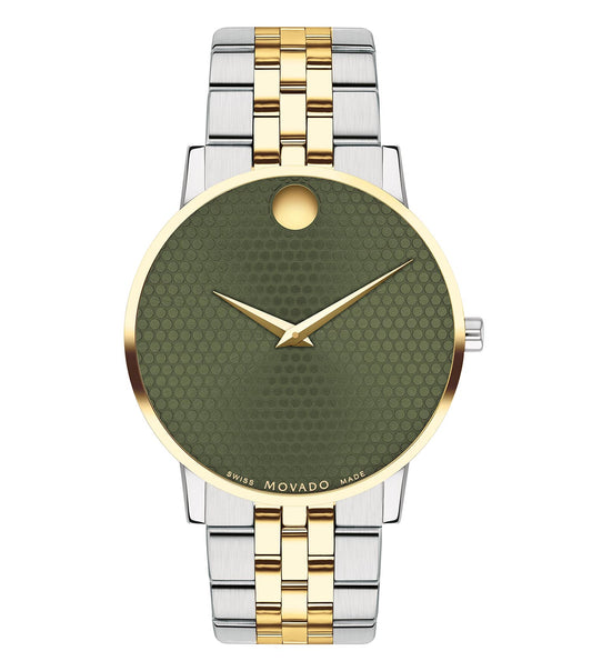 Movado black watch featuring minimalist design, viewed from the front angle, showcasing sleek elegance and luxury.