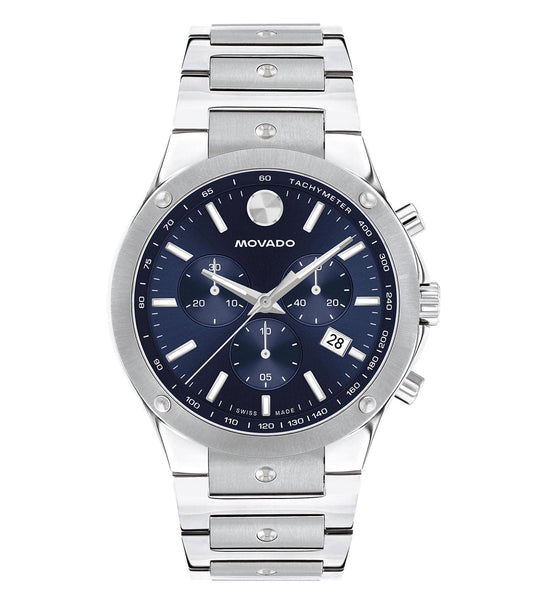 Movado black watch displayed at a three-quarter angle, showcasing its sleek design and elegant simplicity, epitomizing luxury style.