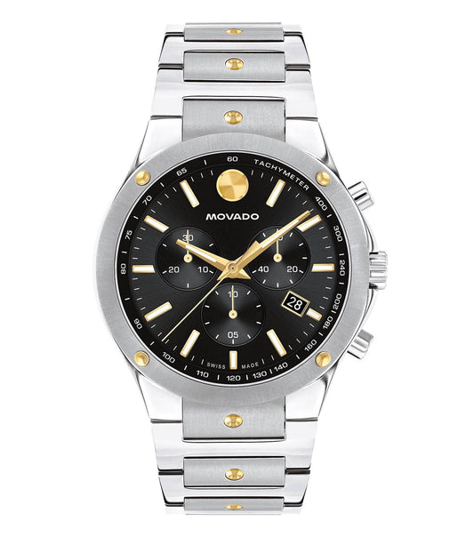 Elegant Movado watch with sleek gray design, round face, and side view angle, showcasing minimalist beauty and precision craftsmanship.