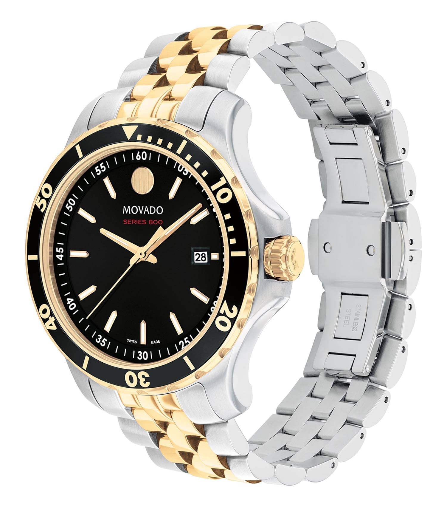 Black-colored Movado watch with sleek round face, minimalistic design, and elegant bracelet captured at a dynamic side angle.