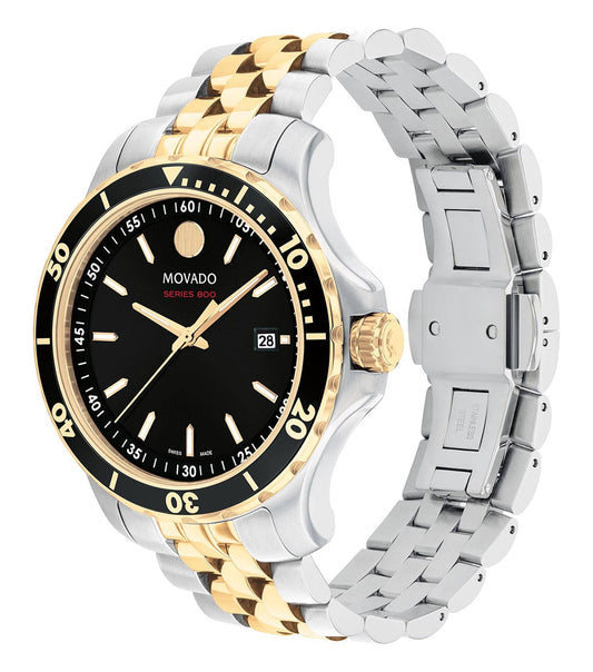 Black-colored Movado watch with sleek round face, minimalistic design, and elegant bracelet captured at a dynamic side angle.