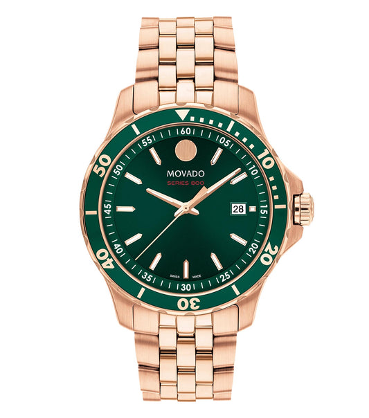 Sleek Movado watch with a minimalist None color dial, gold-tone accents, and a side-angle view highlighting the elegant design.