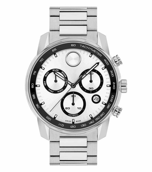 Elegant Movado watch in monochrome, viewed at a 45-degree angle, showcases minimal design and sleek watch face.