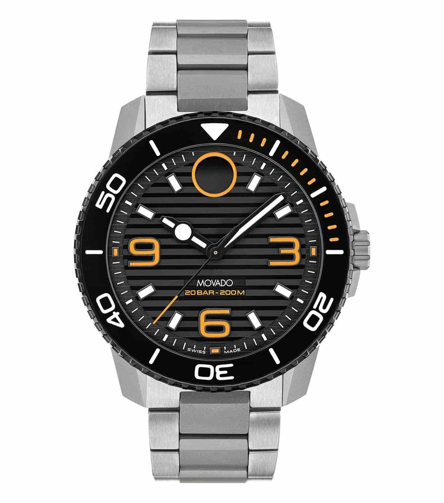 Movado watch, titanium color, features a minimalist dial with sleek hour markers at an angled perspective, showcasing modern elegance.