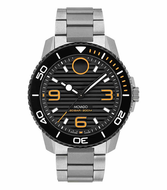 Movado watch, titanium color, features a minimalist dial with sleek hour markers at an angled perspective, showcasing modern elegance.