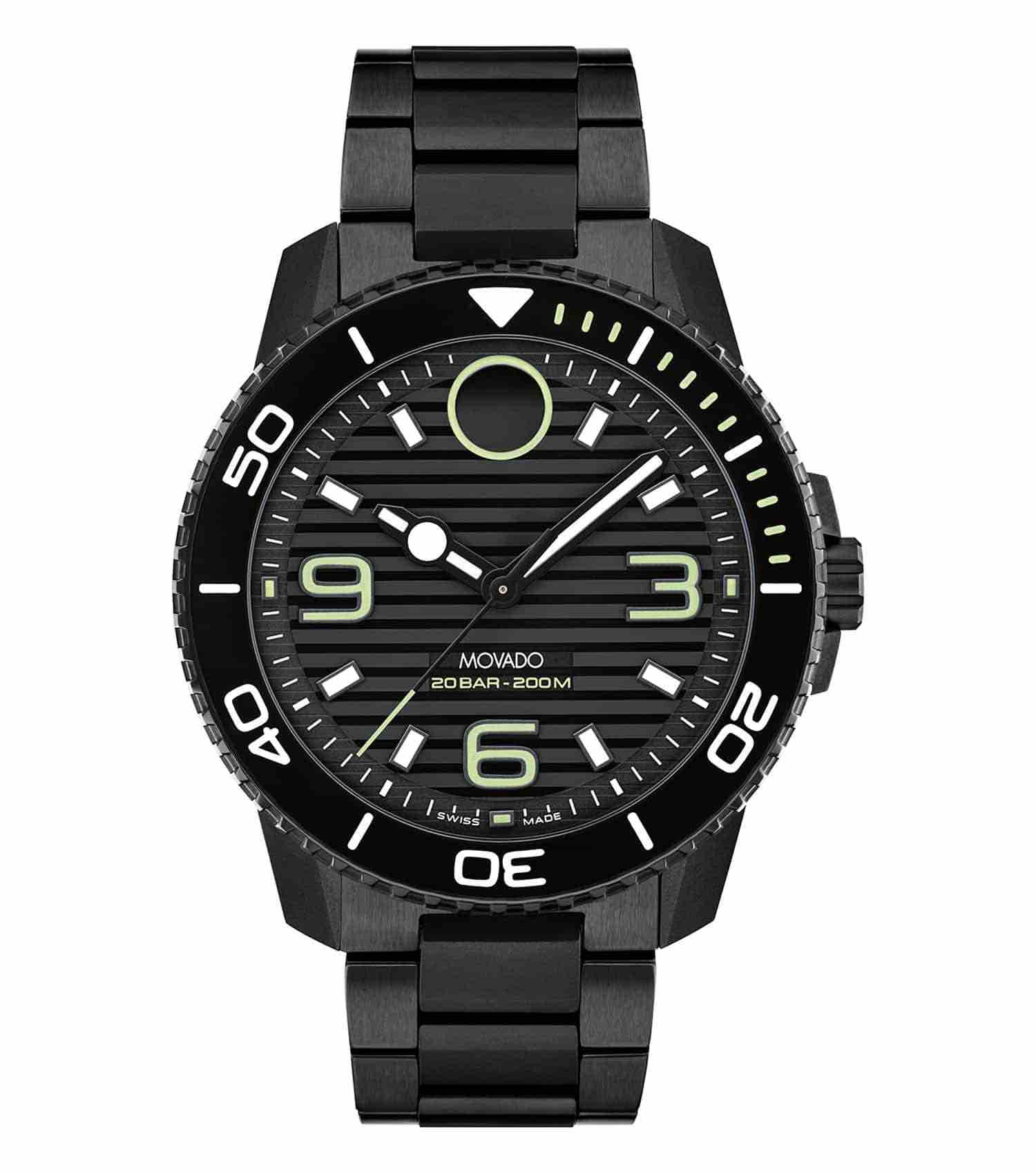 Elegant Movado watch in titanium color, showcasing a side angle, embodying Swiss luxury and precision with minimalist design.