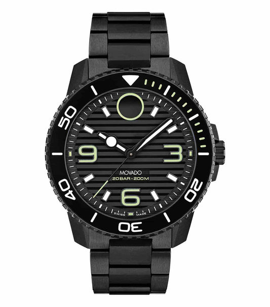 Elegant Movado watch in titanium color, showcasing a side angle, embodying Swiss luxury and precision with minimalist design.