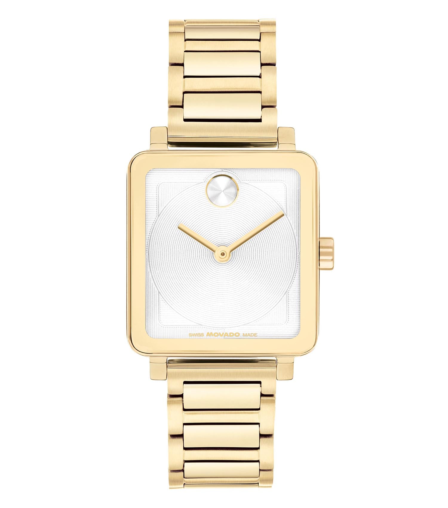 Movado Tank color watch displaying elegance with a round face, sleek design, and sophisticated side angle view.