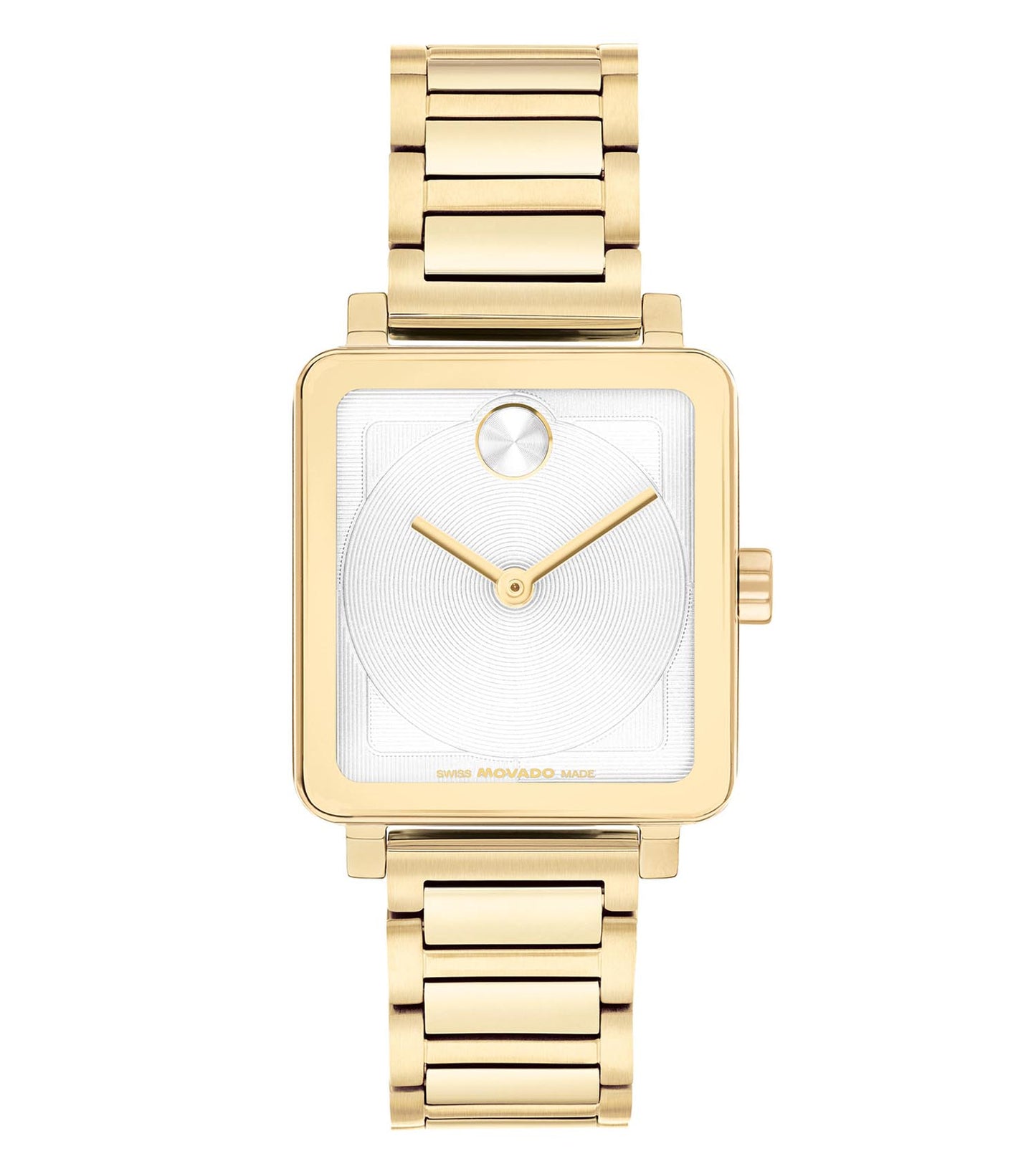 Movado Tank color watch displaying elegance with a round face, sleek design, and sophisticated side angle view.