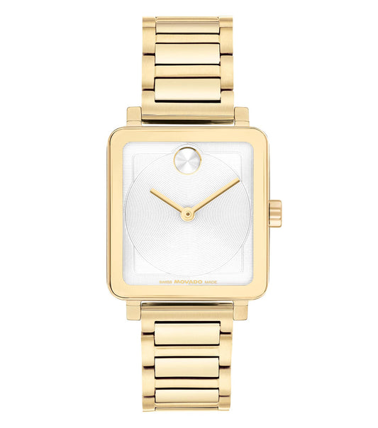 Movado Tank color watch displaying elegance with a round face, sleek design, and sophisticated side angle view.
