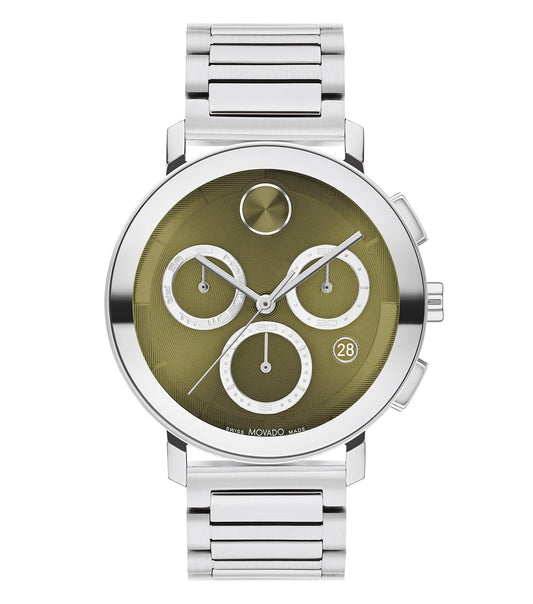 Sleek Movado black watch viewed from a front angle, showcasing minimalist design and elegant details for watch enthusiasts.