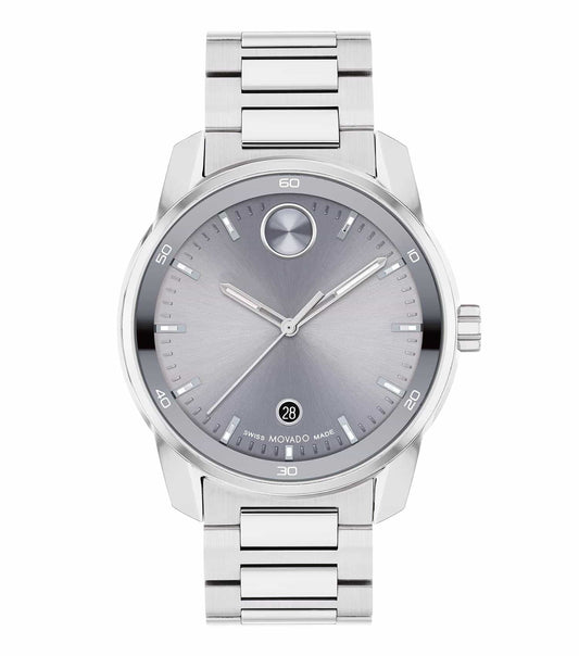 Movado bold watch, vibrant gold color, side-front angle showcasing minimalist dial and sleek stainless steel bracelet, iconic design allure.