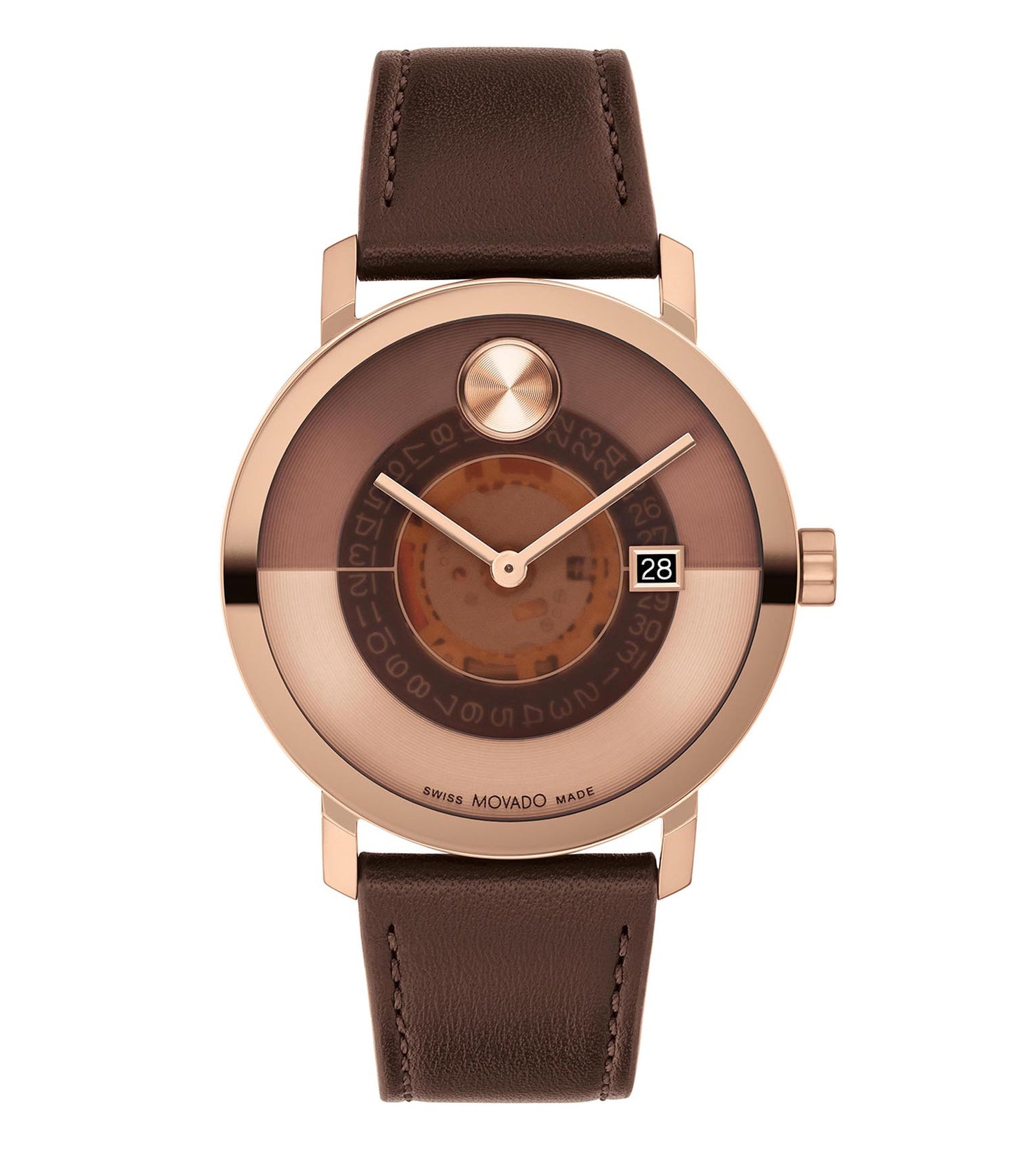 Movado black watch with sleek design, showing a front angle, highlighting the minimalist dial and polished bracelet.