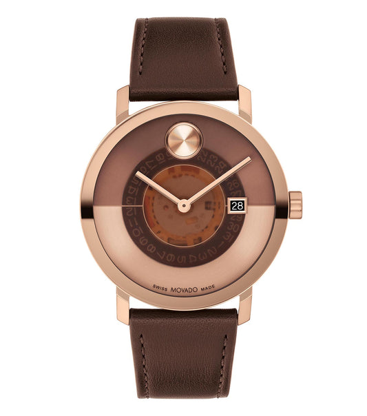 Movado black watch with sleek design, showing a front angle, highlighting the minimalist dial and polished bracelet.