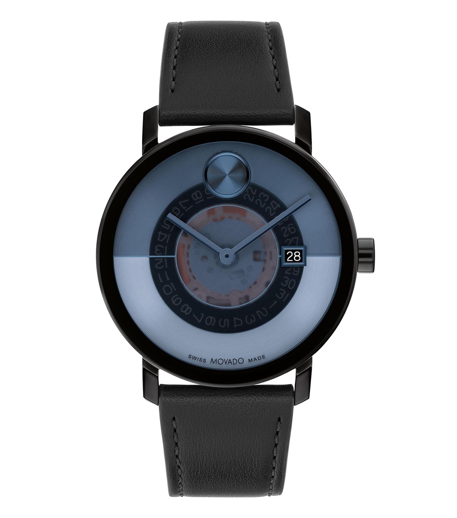 High-angle shot of a sleek Movado black watch, featuring a minimalist dial and elegant black bracelet, appealing to modern timepiece enthusiasts.