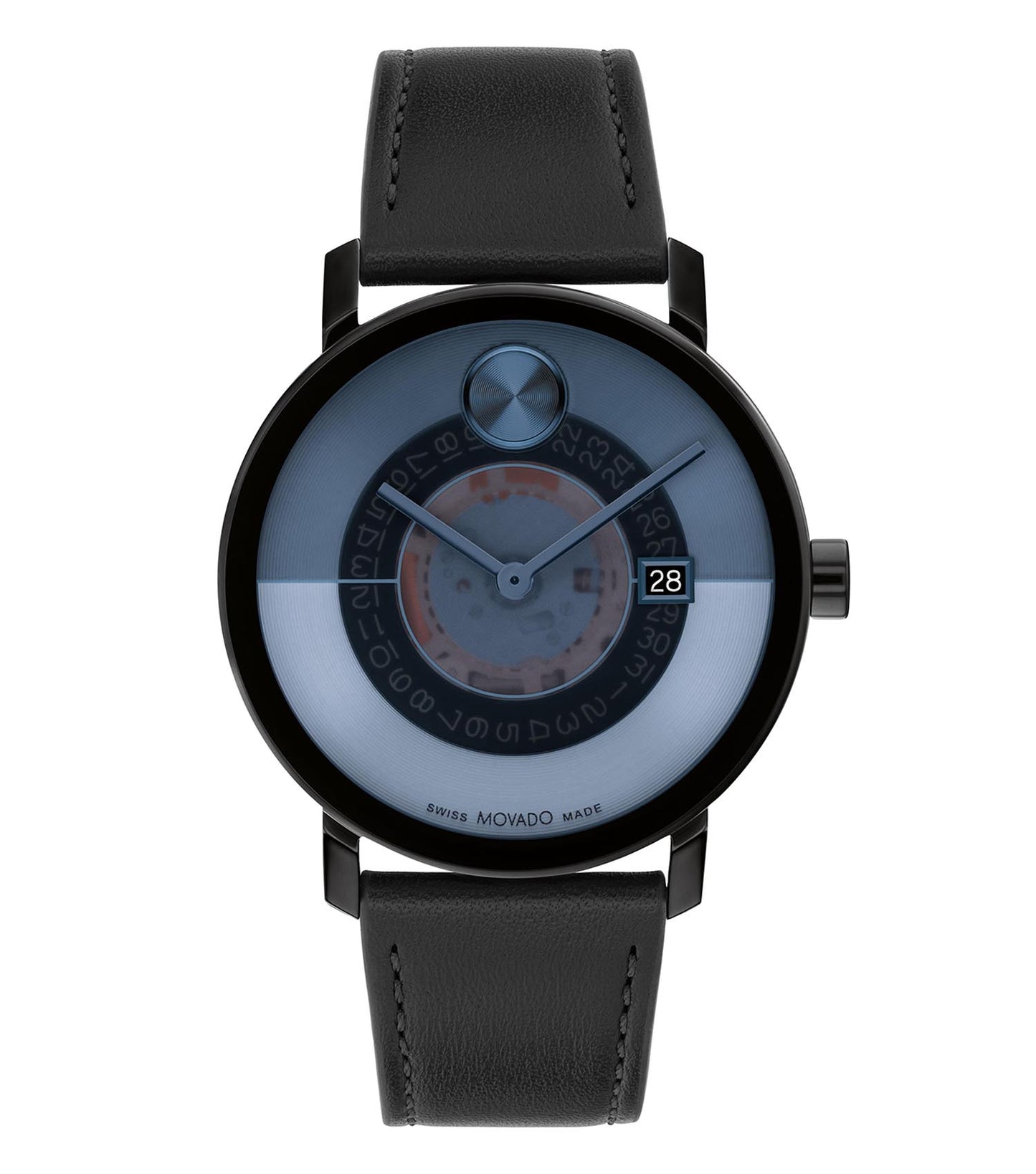 High-angle shot of a sleek Movado black watch, featuring a minimalist dial and elegant black bracelet, appealing to modern timepiece enthusiasts.
