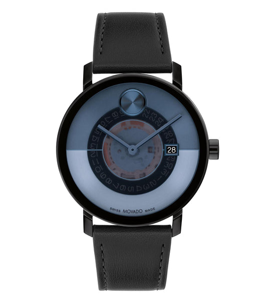 High-angle shot of a sleek Movado black watch, featuring a minimalist dial and elegant black bracelet, appealing to modern timepiece enthusiasts.