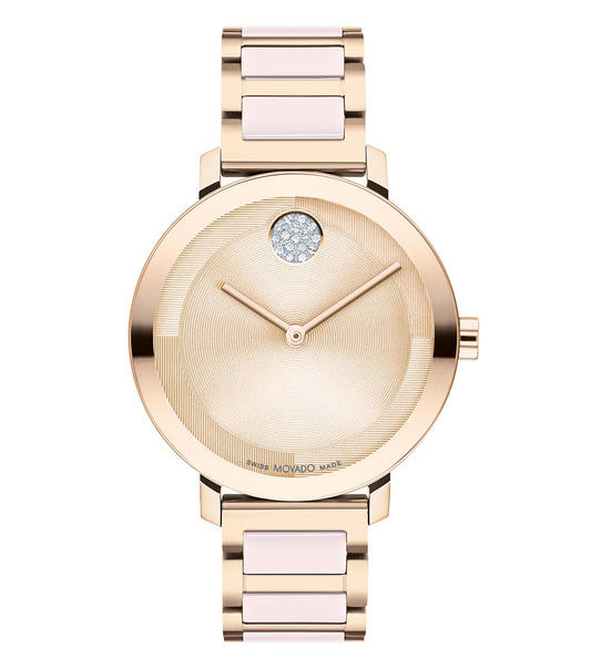 Sleek Movado black watch showcasing a minimalist dial design, captured from an angle highlighting its modern elegance.