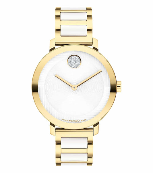 Movado bold black watch featuring sleek stainless steel design, displayed at a dynamic side angle on a vibrant background.