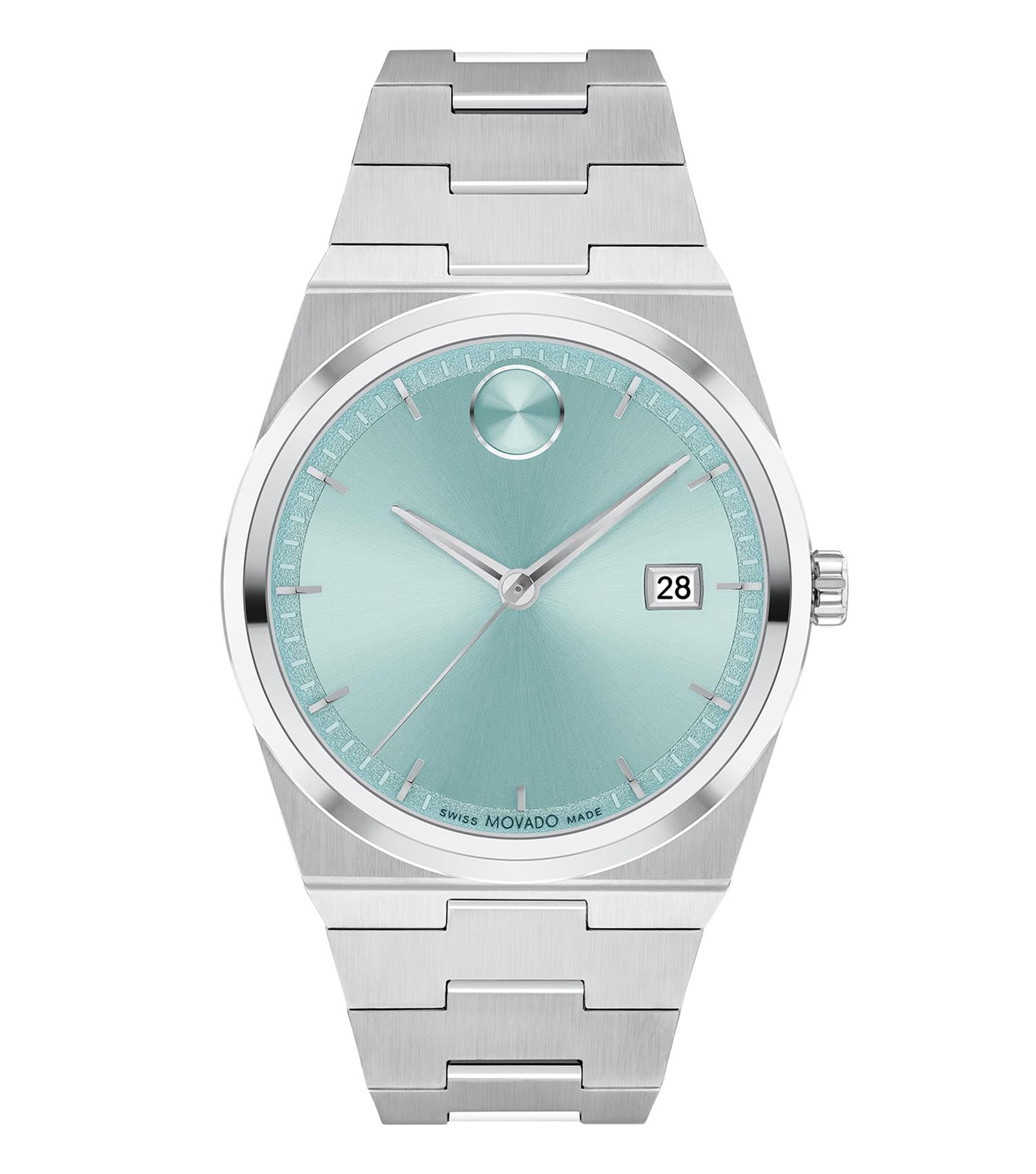 Movado watch in Quest color with sleek black dial and elegant silver strap, showcased at a subtle angle, exuding timeless luxury.