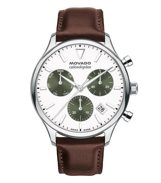 Luxurious Movado black watch, front view showcasing elegant minimalist design, perfect for fashion-forward enthusiasts.