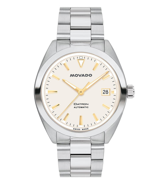  Luxury black Movado watch showcasing a sleek round face, elegant minimalist design, photographed at a slight angle for a premium feel.