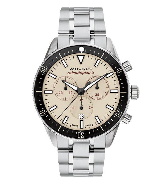 Elegant Movado black watch with a round face, sleek design, and side angle view, showcasing timeless craftsmanship and style.