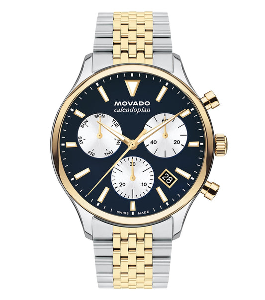 MOVADO watch in elegant black, featuring a round face and sleek minimalist design, captured from a side angle emphasizing its sophistication.